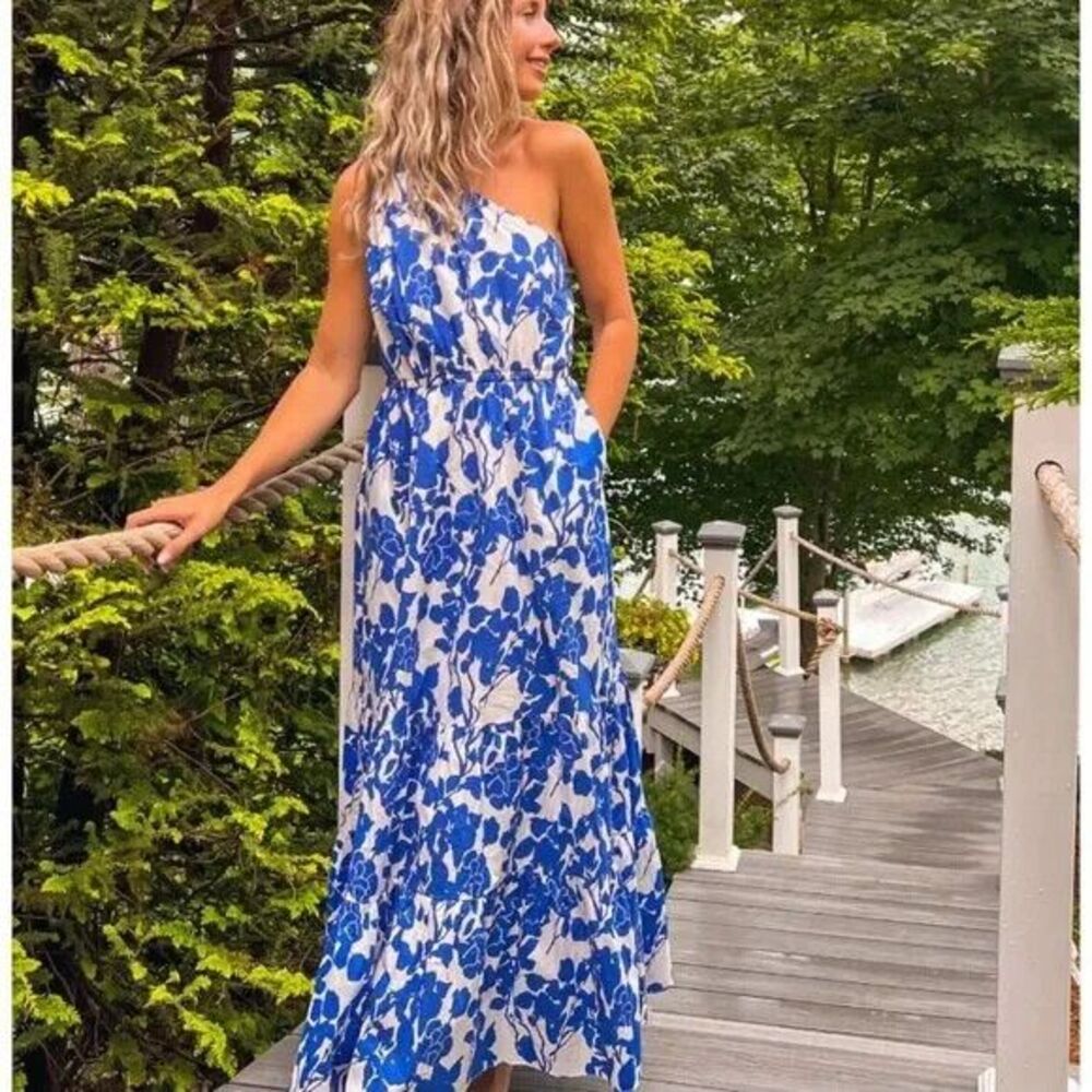 Tuckernuck Hyacinth House NEW Blue Floral One Shoulder Sybil Maxi Dress XX Small